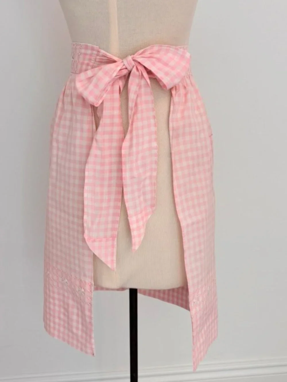 Vintage Pink Gingham Half Apron One Pocket White Cross Stitch Trim Handmade